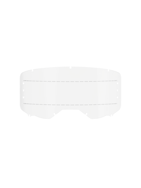 Alpinestars Vision 8-5-3 Roll Off Film, Clear, transparent polycarbonate replacement lens for motocross goggles, featuring dashed silicone glide lines and seven key-hole locking system, durable off-road racing accessory