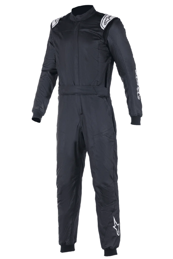 Alpinestars Atom FIA Suit, Black Auto Racing Suit, one-piece design featuring white Alpinestars logos on shoulders and left leg, high collar with ribbed cuffs and waist belt, professional motorsport and racing apparel