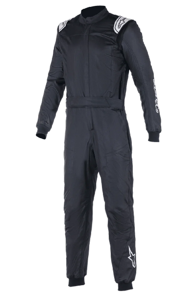 Alpinestars Atom FIA Suit, Black Auto Racing Suit, one-piece design featuring white Alpinestars logos on shoulders and left leg, high collar with ribbed cuffs and waist belt, professional motorsport and racing apparel