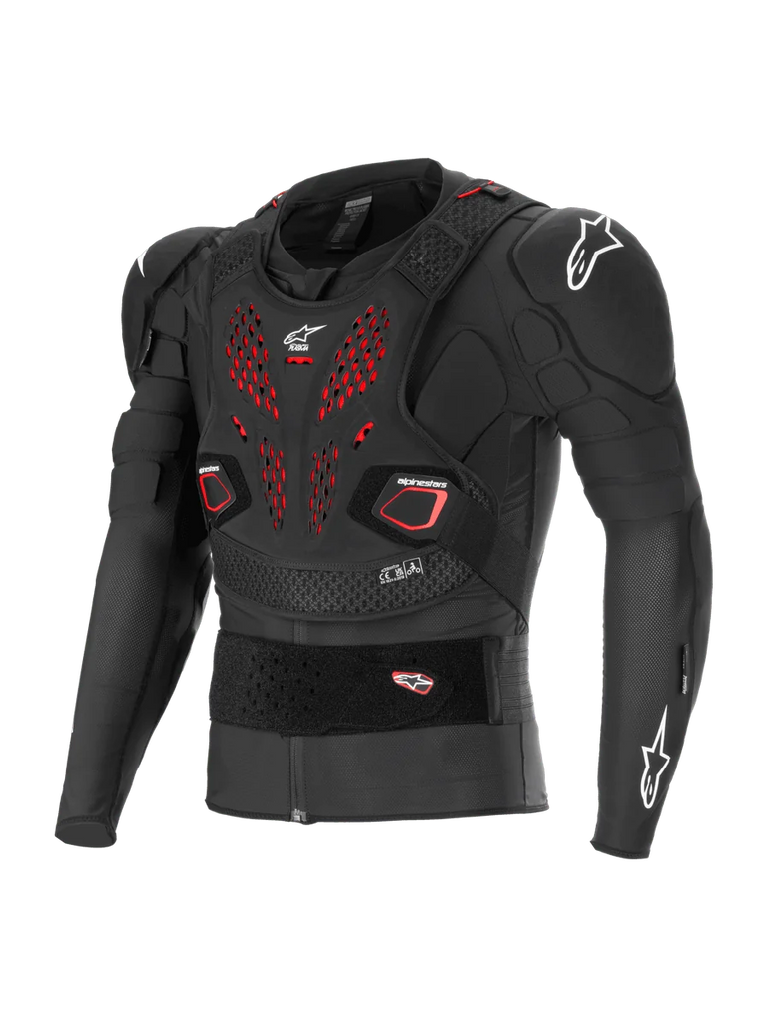 Alpinestars Bionic Pro V3 Plasma Protection Jacket, Off-road motorcycle body armor, Black with red ventilation details on the chest, white Alpinestars logos on shoulders and chest, featuring integrated Nucleon PLASMA elbow and shoulder protectors, floating chest plate, and adjustable elastic waist belt, breathable mesh construction for motocross and dirt riding
