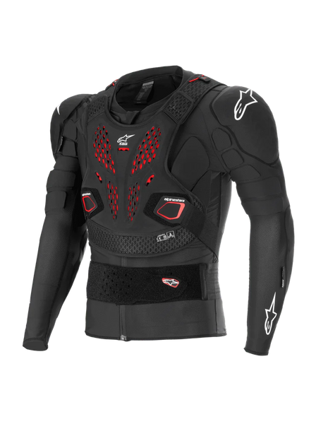 Alpinestars Bionic Pro V3 Plasma Protection Jacket, Off-road motorcycle body armor, Black with red ventilation details on the chest, white Alpinestars logos on shoulders and chest, featuring integrated Nucleon PLASMA elbow and shoulder protectors, floating chest plate, and adjustable elastic waist belt, breathable mesh construction for motocross and dirt riding