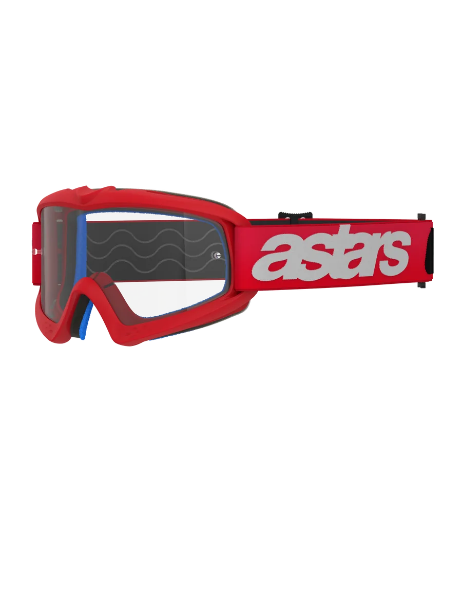Alpinestars Vision Youth Blaze Goggles, Youth Motocross Goggles, Red and White, Clear lens with tear-off posts, blue interior padding, red strap with white branding and silicone wave pattern for grip, high-performance eye protection for youth off-road racing
