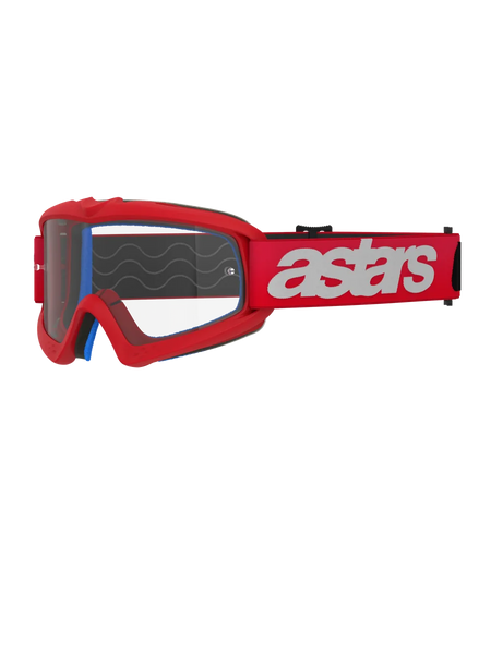 Alpinestars Vision Youth Blaze Goggles, Youth Motocross Goggles, Red and White, Clear lens with tear-off posts, blue interior padding, red strap with white branding and silicone wave pattern for grip, high-performance eye protection for youth off-road racing