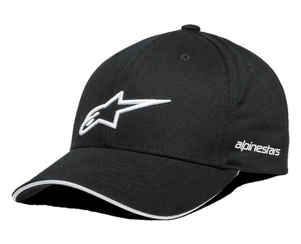 Alpinestars Rostrum Hat, Black Baseball Cap with White 3D Embroidered Star Logo, Curved Bill with White Sandwich Detail, Side Alpinestars Wordmark, Motorsport Lifestyle Headwear
