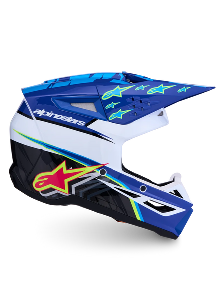 Alpinestars SM3 Falcon Motocross Helmet, blue and white, unisex off-road racing gear, ECE 22.06 and DOT certified.