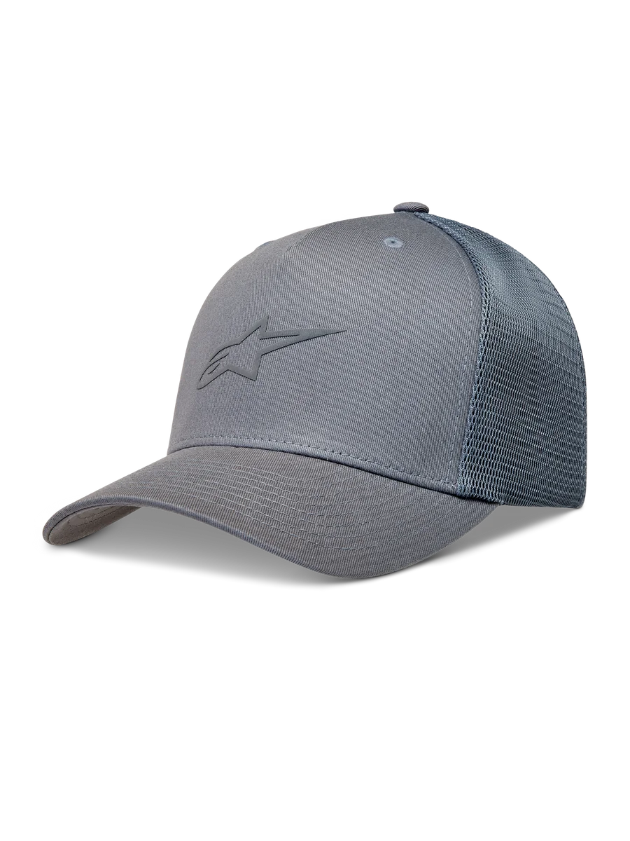 Alpinestars Augment Trucker Hat, Sportswear Cap, Grey, featuring a curved bill, structured crown, and breathable diamond mesh back.