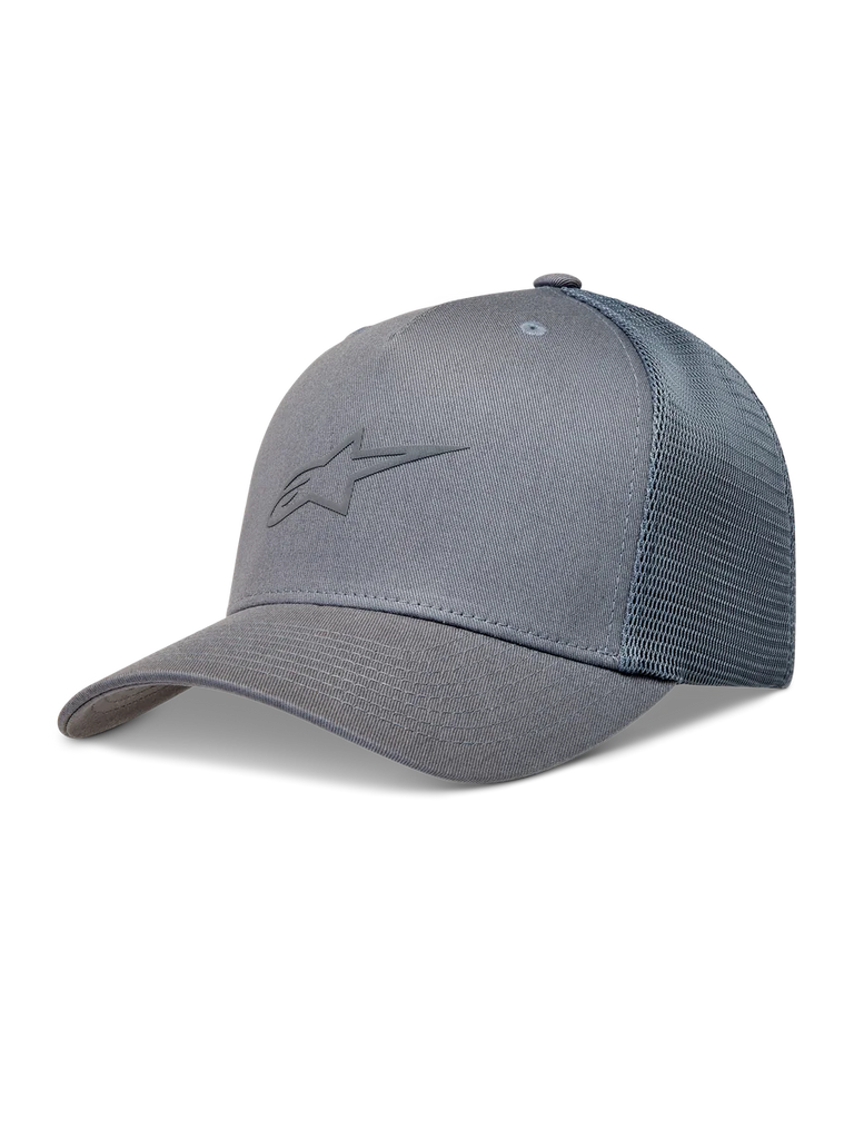 Alpinestars Augment Trucker Hat, Sportswear Cap, Grey, featuring a curved bill, structured crown, and breathable diamond mesh back.