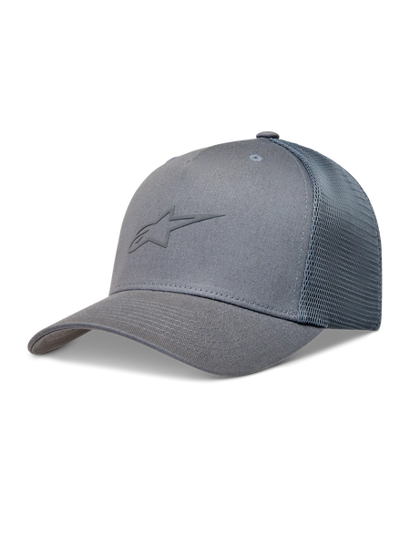 Alpinestars Augment Trucker Hat, Sportswear Cap, Grey, featuring a curved bill, structured crown, and breathable diamond mesh back.