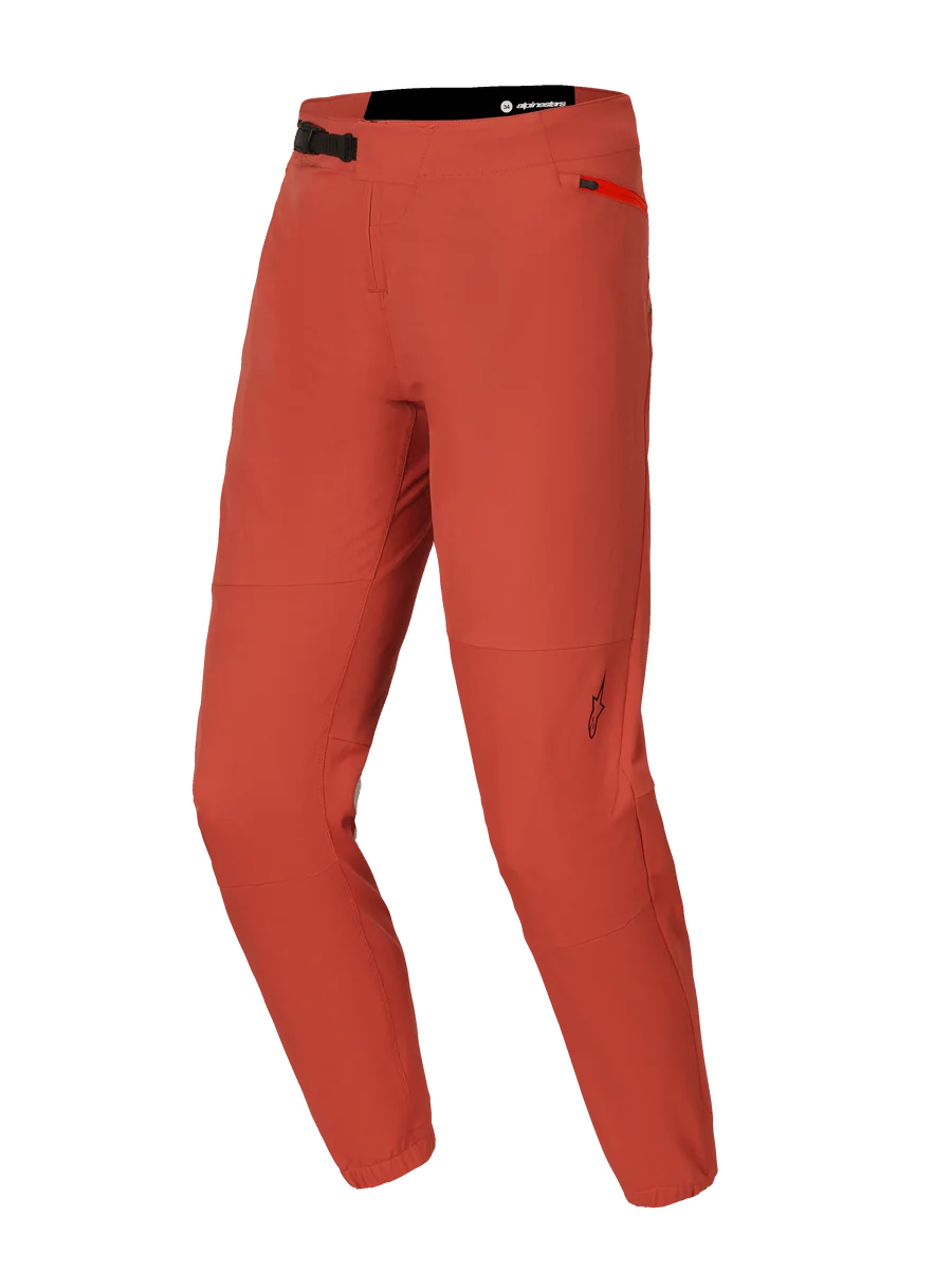 Alpinestars A-Dura Elite Pants, MTB Mountain Biking Pants, Dark Orange, featuring 4-way stretch Cordura fabric, front ratchet waist closure, zippered side pocket, and elasticated ankle cuffs