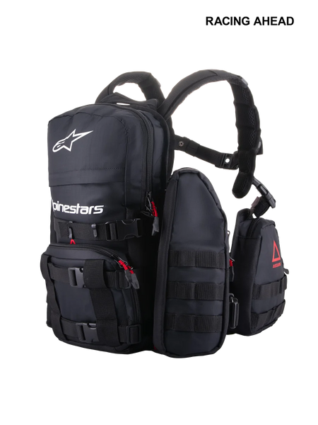 Alpinestars Techdura Tactical Pack, modular off-road and enduro backpack, Black with white Alpinestars logo, featuring MOLLE webbing, multiple removable pouches, and heavy-duty poly-fabric construction for trail storage.
