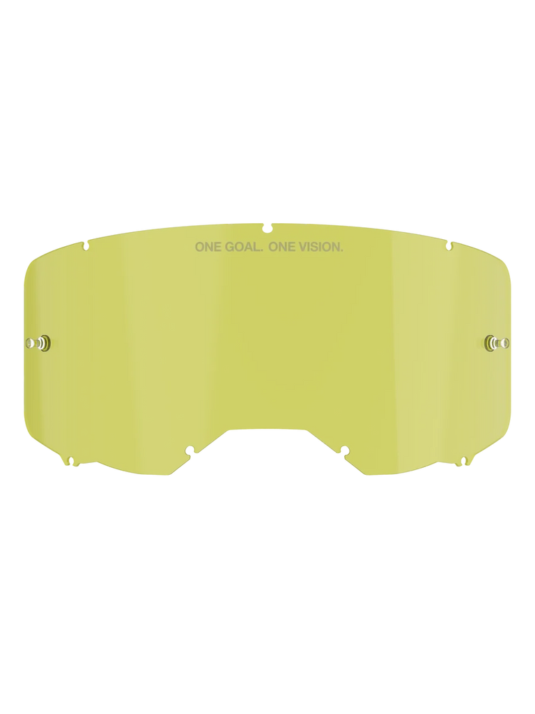 Alpinestars Vision 8-5-3 Replacement Goggle Lens, Yellow tint, polycarbonate construction with integrated tear-off posts, "ONE GOAL. ONE VISION." branding, seven-keyhole locking system, designed for motocross and off-road motorcycle goggles.