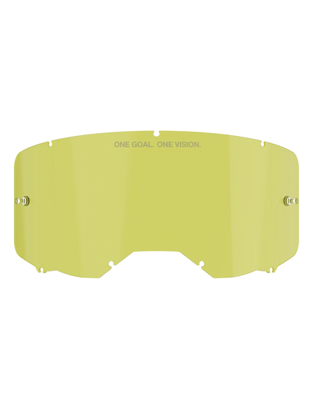 Alpinestars Vision 8-5-3 Replacement Goggle Lens, Yellow tint, polycarbonate construction with integrated tear-off posts, "ONE GOAL. ONE VISION." branding, seven-keyhole locking system, designed for motocross and off-road motorcycle goggles.