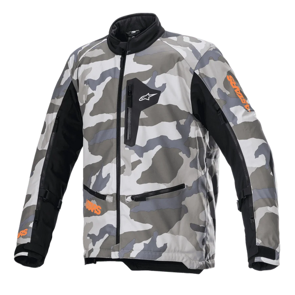 Alpinestars Venture XT Jacket, Motorcycle Adventure Touring Jacket, Mojave Camo in shades of gray and white with orange fluo accents, black textile panels on sleeves, zippered chest and waist pockets, high collar, durable textile construction for off-road adventure