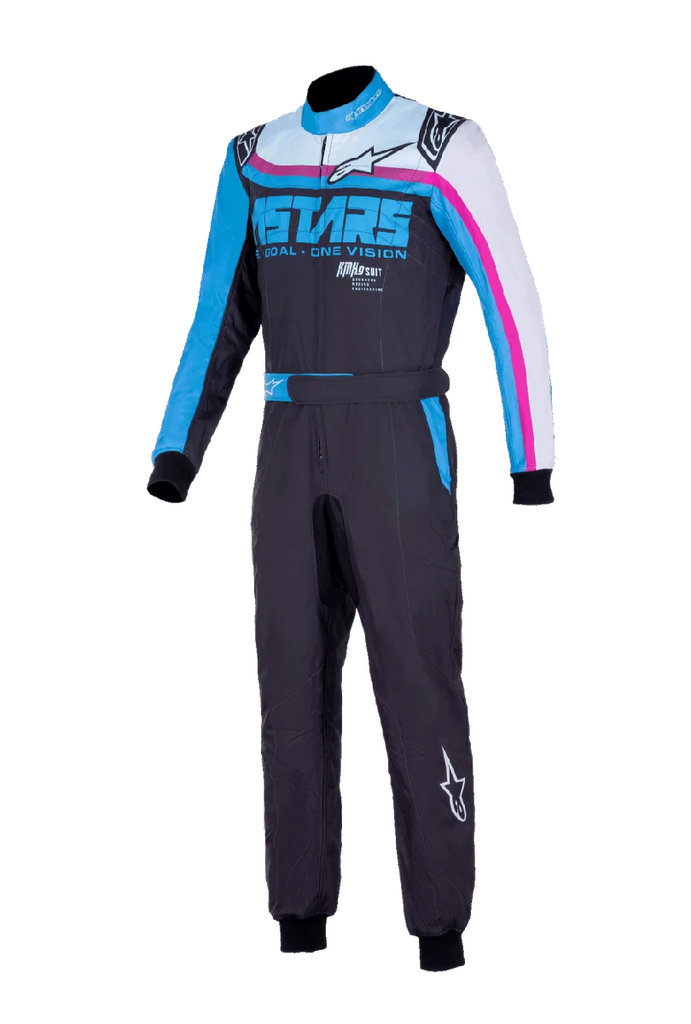 Alpinestars KMX-9 V3 Graphic 2 Suit, Karting Suit, Black and Cyan with fuchsia accents, dual-layer construction