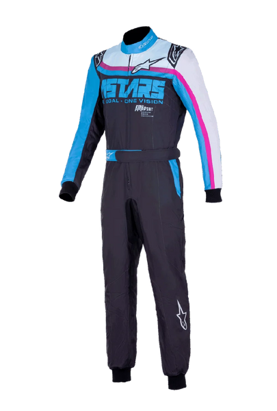 Alpinestars KMX-9 V3 Graphic 2 Suit, Karting Suit, Black and Cyan with fuchsia accents, dual-layer construction