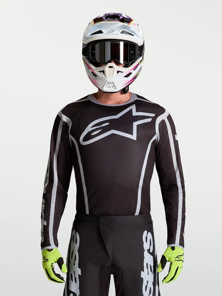 Alpinestars Fluid Apex V2 Jersey, Men's Motocross Jersey, Black and Silver with large star logo, athletic fit.