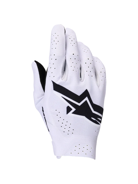 Alpinestars Supertech MX Gloves, Motocross Gloves, Light Lilac and Black, backhand view showing a large black Alpinestars logo and laser-cut perforations for airflow, lightweight single-layer stretch construction for off-road racing.