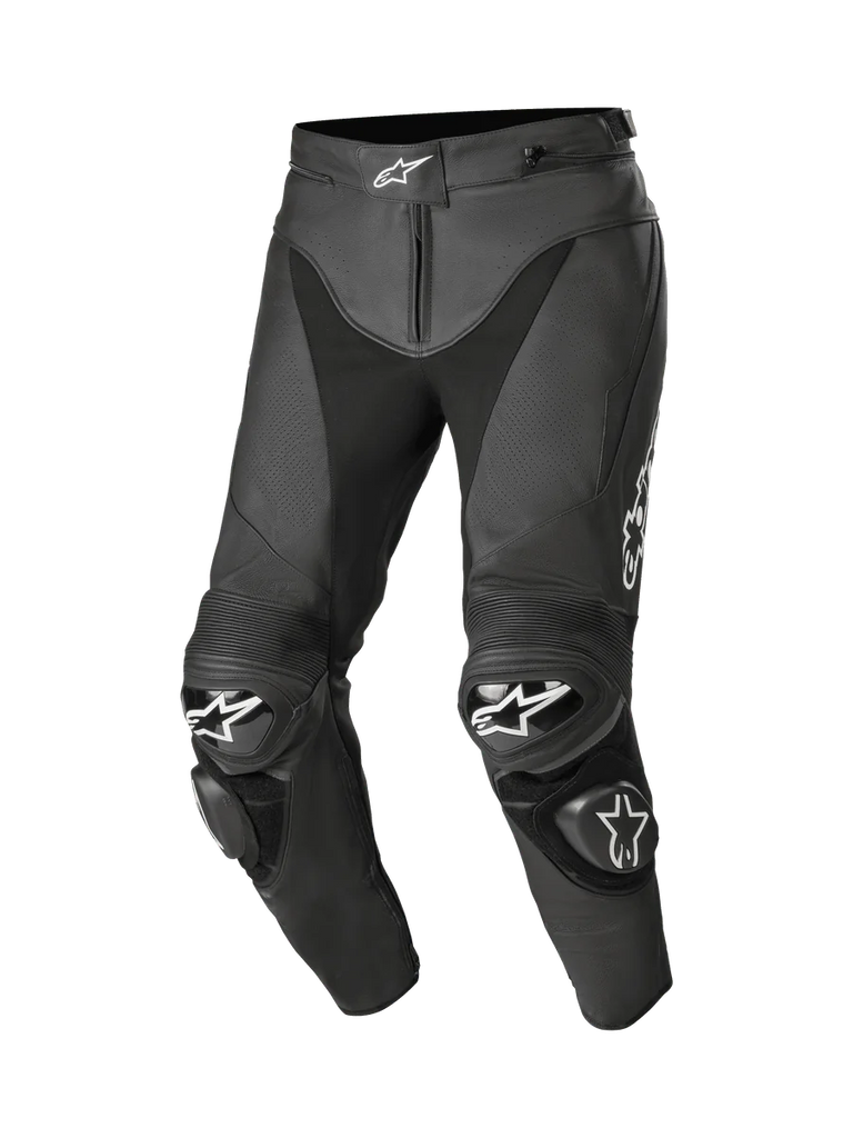 Alpinestars Track V2 Leather Pants, Black Motorcycle Racing Pants, featuring white star logos on the waist and knees, perforated leather construction, accordion flex panels above the knees, and replaceable TPU knee sliders, premium 1.3mm bovine leather with pre-curved leg construction for racing performance