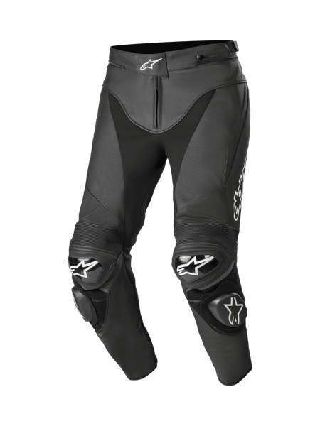 Alpinestars Track V2 Leather Pants, Black Motorcycle Racing Pants, featuring white star logos on the waist and knees, perforated leather construction, accordion flex panels above the knees, and replaceable TPU knee sliders, premium 1.3mm bovine leather with pre-curved leg construction for racing performance