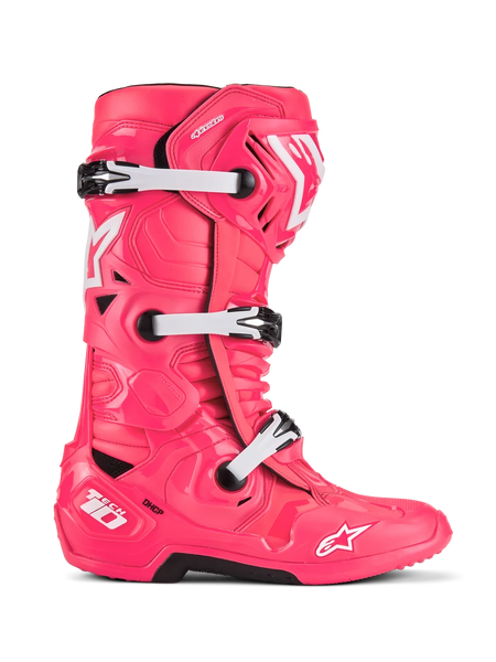 Alpinestars Tech 10 Boots, Motocross Racing Boots, Diva Pink and White, Triple Buckle System, CE Certified Protection, Textured Angular Design with White Star Logos and Black Rugged Sole