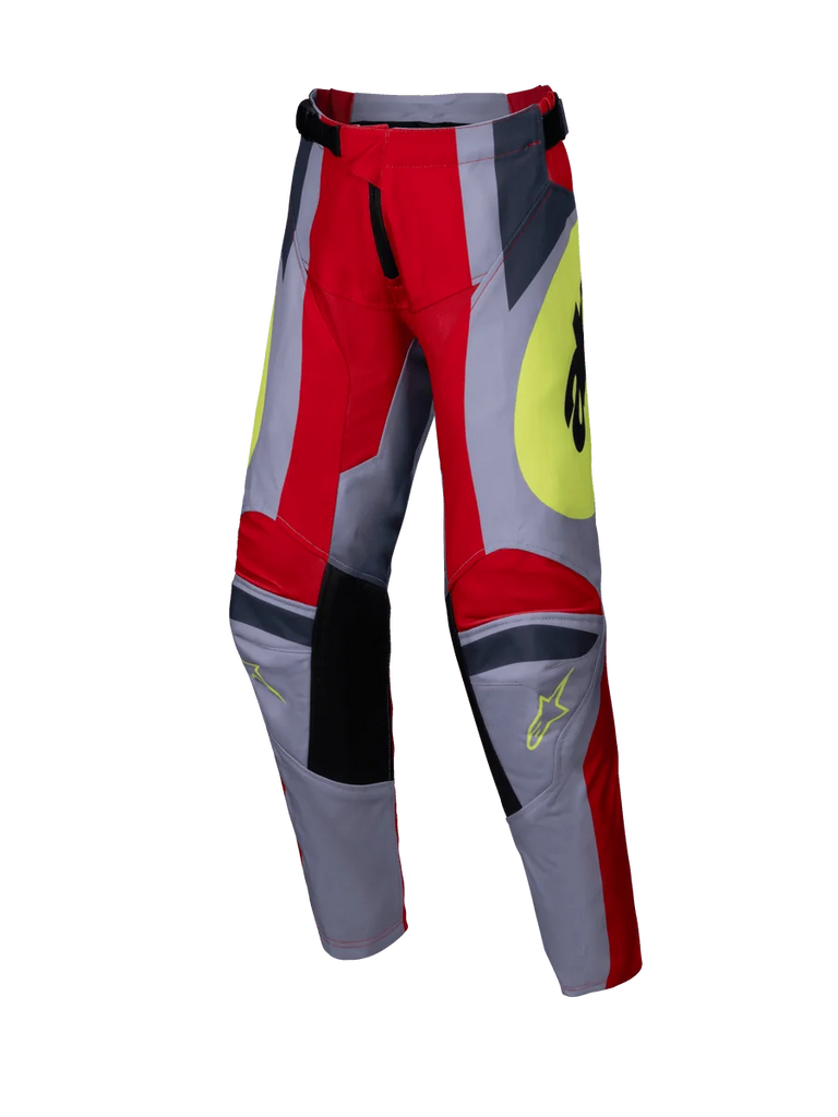Alpinestars 2025 Youth Racer Melt Pants, Motocross Pants for Kids, Bright Red and Gray with Yellow accents, featuring black reinforced knee panels, bold angular graphics and Astars logos, durable design for off-road racing