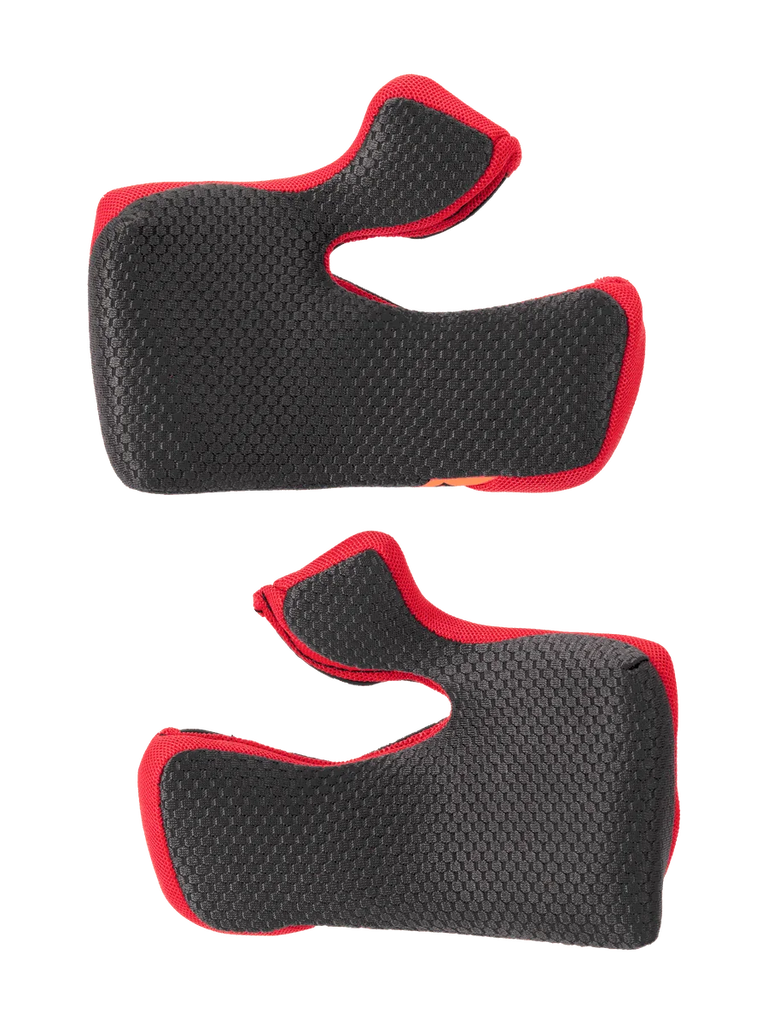 Alpinestars Supertech M10 22.06 Regular Cheek Pad Set, Black with red edges, hexagonal textured mesh surface, replacement interior padding for motocross helmets, curved ergonomic shape