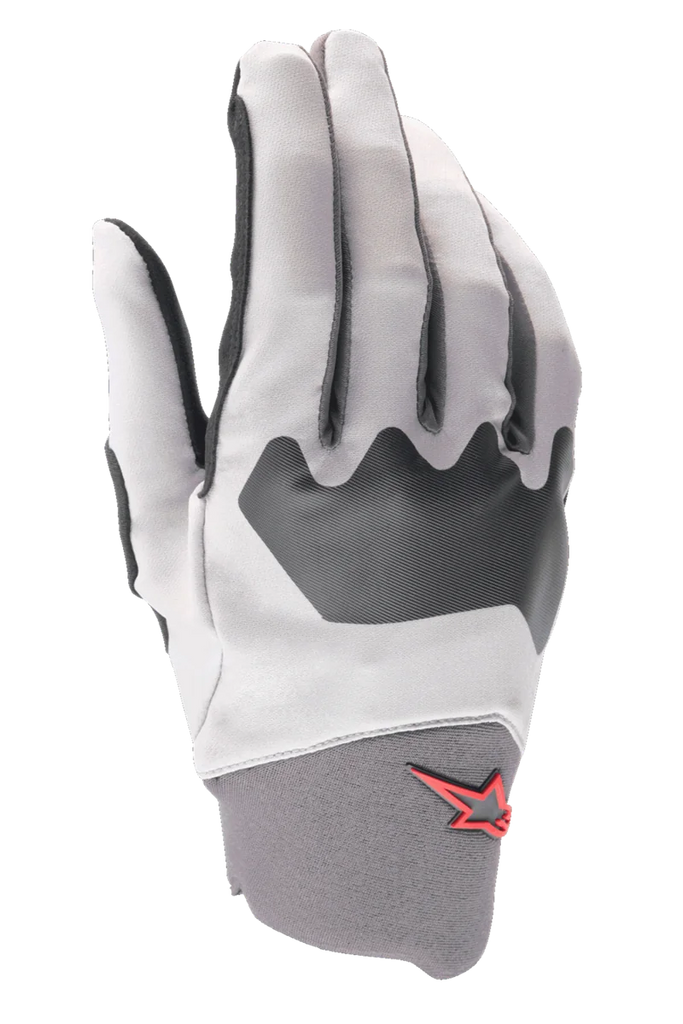 Alpinestars A-Supra Gloves, Mountain Bike Gloves, Light Gray and Black, featuring a textured knuckle panel and a small red star logo on the neoprene cuff, flexible spandex construction for cycling