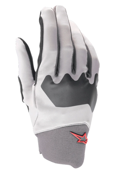 Alpinestars A-Supra Gloves, Mountain Bike Gloves, Light Gray and Black, featuring a textured knuckle panel and a small red star logo on the neoprene cuff, flexible spandex construction for cycling