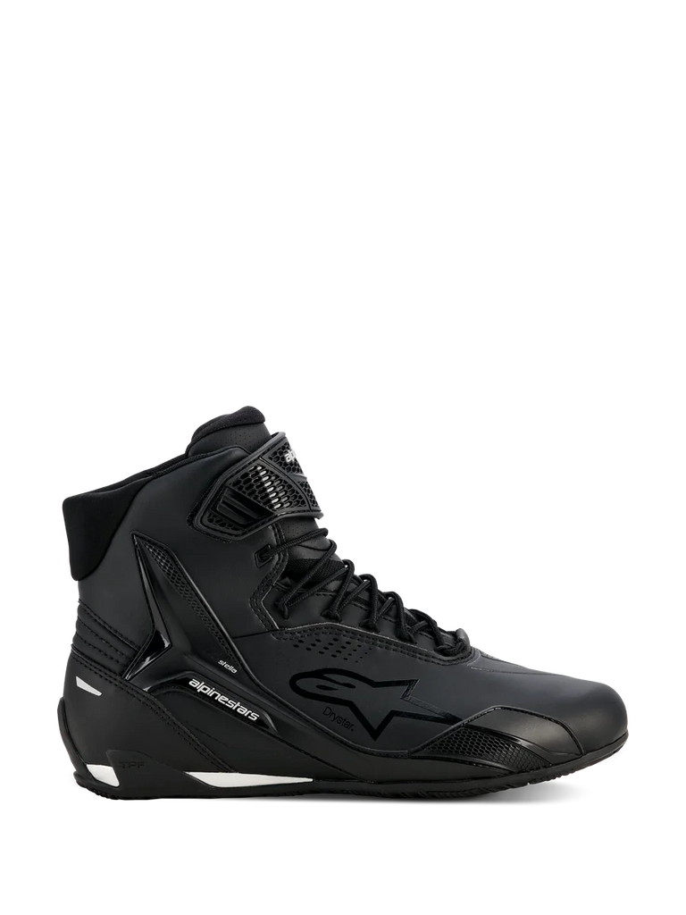 Alpinestars Stella Faster-4 Drystar Shoes, Women's Motorcycle Riding Shoes, Black and Silver, High-top design, Lace-up closure with hook-and-loop ankle strap, Seamless microfiber upper, Waterproof technology, White accents on the sole and heel