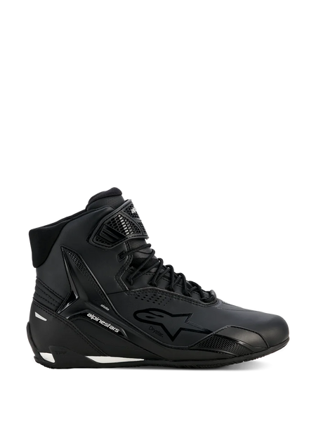 Alpinestars Stella Faster-4 Drystar Shoes, Women's Motorcycle Riding Shoes, Black and Silver, High-top design, Lace-up closure with hook-and-loop ankle strap, Seamless microfiber upper, Waterproof technology, White accents on the sole and heel