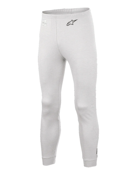 Alpinestars Race V3 Bottom, Auto Racing Base Layer Pants, White, textured flame-resistant material, black A-star logo on the hip, ribbed ankle cuffs and waistband, lightweight technical underlayer