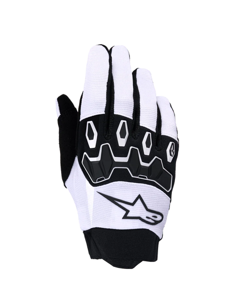 Alpinestars Full Bore V2 Gloves, Motocross Gloves, Light Gray and Black, featuring black segmented TPR knuckle protection, breathable textile upper with a star logo, and a neoprene cuff, designed for off-road performance