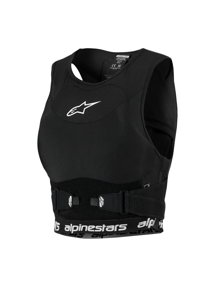 Alpinestars Woman Stella Plasma Chest Protector, Women's Motocross Gear, Black with White details, sports-bra style mesh chassis, featuring a white star logo on the chest and branded lower band, adjustable side buckles for a secure fit