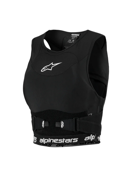 Alpinestars Woman Stella Plasma Chest Protector, Women's Motocross Gear, Black with White details, sports-bra style mesh chassis, featuring a white star logo on the chest and branded lower band, adjustable side buckles for a secure fit