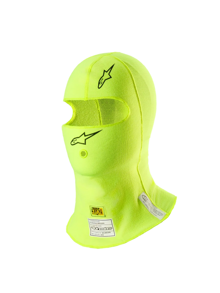 Alpinestars ZX Evo V3 Balaclava, Auto Racing Headgear, Yellow Fluo, featuring black star logos on the forehead and chin, FIA and SFI certification labels on the neck, lightweight flame-resistant material with a hydration tube opening