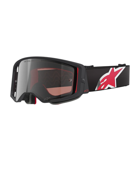 Alpinestars Supertech Corp Goggles Absolute Vision, Motocross Goggles, Black and Red with Mirror Silver Lens, featuring "ONE GOAL. ONE VISION." branding, black strap with large red and white star logo, angular frame design with foam padding, premium off-road eye protection