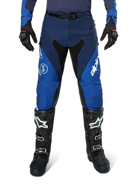 Alpinestars Pro-Dura Pants, Motocross Pants, Navy and Bright Blue with White accents, front view worn with black boots and gloves, technical design for enduro and off-road riding