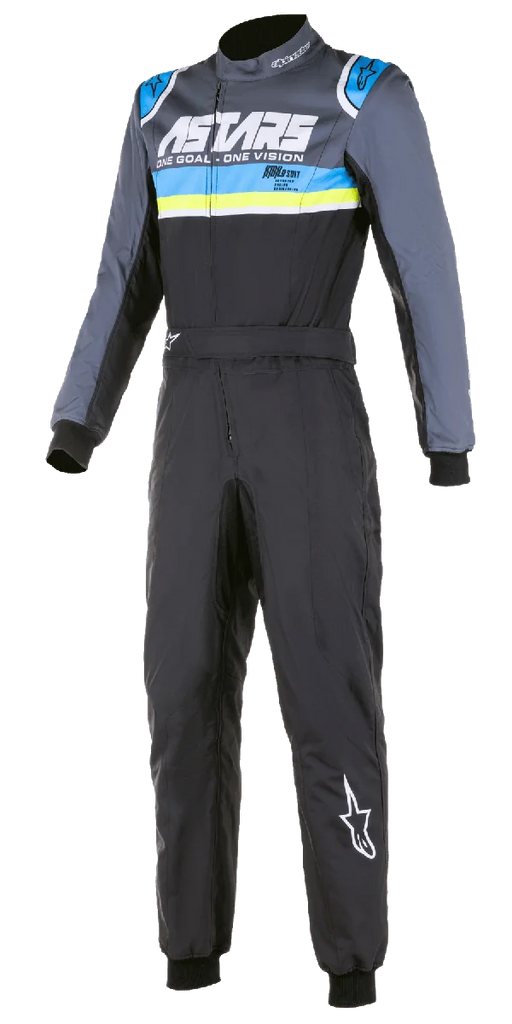 Alpinestars KMX-9 V2 Graphic 4 Suit, Karting Racing Suit, Black with Gray Blue and Yellow Stripes, Long Sleeves, High Collar, Front Zipper, Durable Racing Fabric, ASTARS Branding
