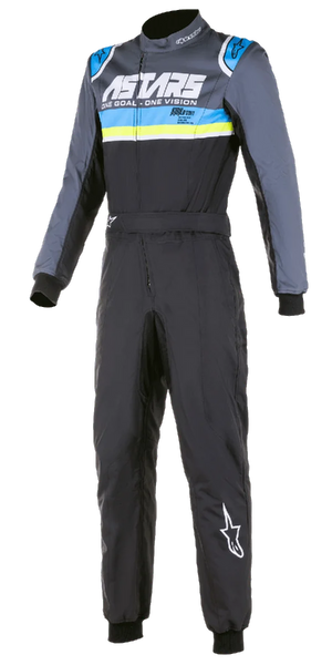Alpinestars KMX-9 V2 Graphic 4 Suit, Karting Racing Suit, Black with Gray Blue and Yellow Stripes, Long Sleeves, High Collar, Front Zipper, Durable Racing Fabric, ASTARS Branding