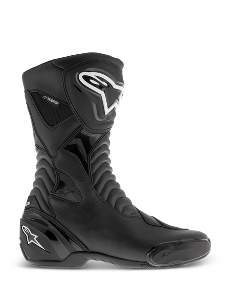 Alpinestars SMX S Waterproof Boots, Black motorcycle boots, side profile view featuring white logos on the shin and heel, textured accordion flex panels, durable microfiber construction, and waterproof branding, sleek sport-touring footwear