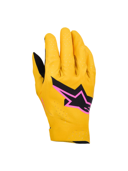 Alpinestars Supertech MX Gloves, Motocross Racing Gloves, Gold, Black and Fluo Pink, featuring laser-perforated single-layer stretch construction, black star logo with pink border, breathable and flexible design for off-road racing