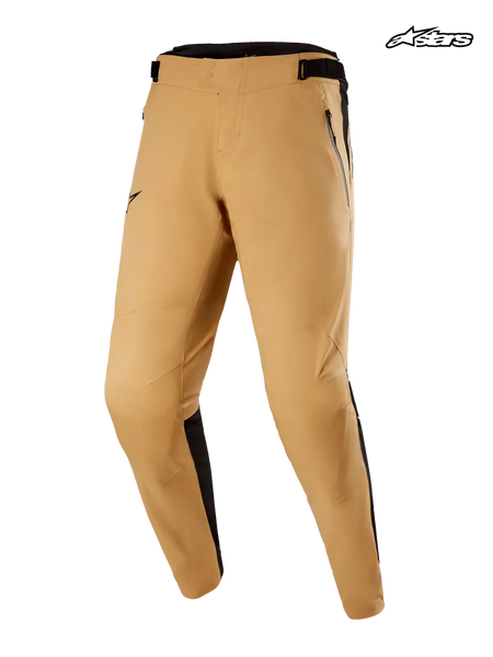 Alpinestars Tahoe 8.1 Waterproof Pants, men's mountain bike waterproof pants in khaki and black, front studio view showing seam-sealed technical textile construction and zippered pockets