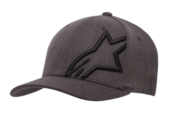 Alpinestars Corp Shift 2 Curved Bill Hat, Dark Heather Gray and Black Baseball Cap, featuring a large black embroidered star logo on the front left panel, curved brim design, textured fabric with ventilation holes, casual motorsport-inspired headwear.