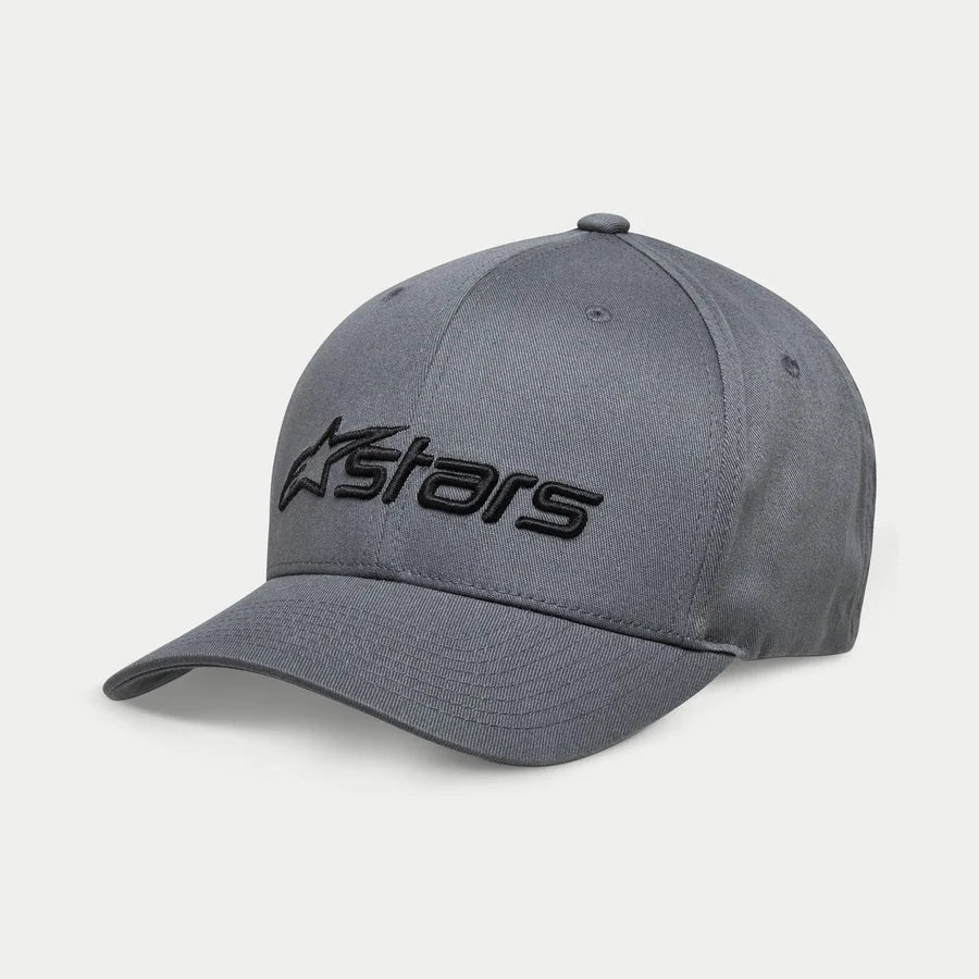 Alpinestars Blaze 2.0 Hat, Structured Curved Bill Cap, Charcoal Black, Textured Black Astars Logo, stretch twill fabric, casual motorsport-inspired streetwear