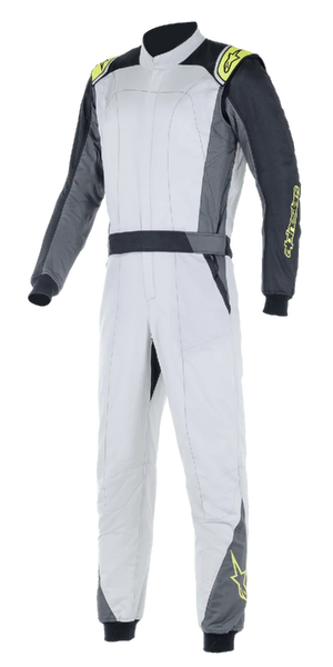 Alpinestars Atom FIA Suit, Auto Racing Suit, Silver and Anthracite with Yellow Fluo accents, one-piece design featuring a high collar and elasticized cuffs, professional protective apparel for automotive racing