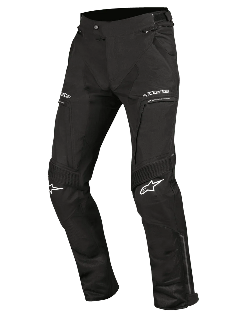 Alpinestars Ramjet Air Pants, Motorcycle Riding Pants, Black, featuring mesh ventilation panels, accordion stretch inserts on the knees, white logos on the thighs and knees, zippered pockets, and durable multi-panel textile construction for road touring