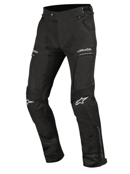 Alpinestars Ramjet Air Pants, Motorcycle Riding Pants, Black, featuring mesh ventilation panels, accordion stretch inserts on the knees, white logos on the thighs and knees, zippered pockets, and durable multi-panel textile construction for road touring