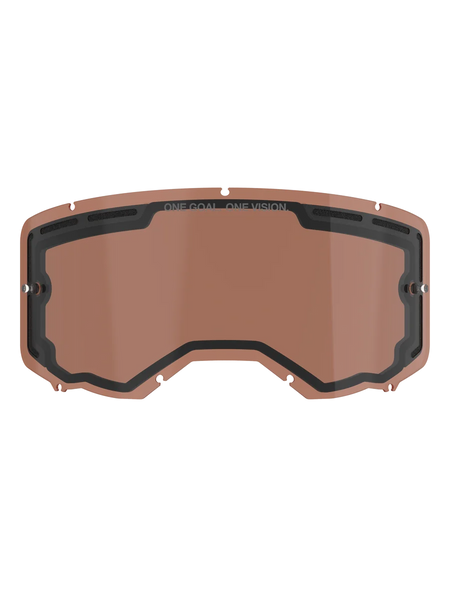 Alpinestars Vision 8-5-3 Dual Pane Vented Lens, Copper Rose tinted replacement lens for motocross goggles, featuring integrated tear-off posts, top ventilation ports, and ONE GOAL ONE VISION branding.