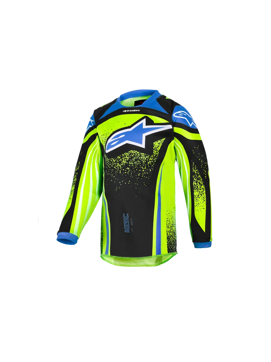 Alpinestars 2026 Kids Racer Nomur Jersey, Youth Motocross Long-Sleeve Jersey, Fluorescent Yellow and Black with Blue Accents, Large Blue Star Logo on Chest, Lightweight Moisture-Wicking Performance Fabric for Off-Road Riding