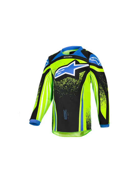 Alpinestars 2026 Kids Racer Nomur Jersey, Youth Motocross Long-Sleeve Jersey, Fluorescent Yellow and Black with Blue Accents, Large Blue Star Logo on Chest, Lightweight Moisture-Wicking Performance Fabric for Off-Road Riding